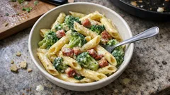 Pasta broccoli e pancetta cremosa: il trucco del formaggio spalmabile