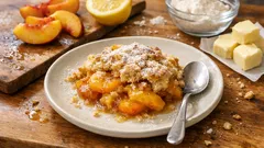 Cobbler alle pesche: frutta succosa sotto e copertura dorata, pronto in pochi passaggi
