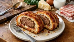 Polpettone in crosta di pane al forno: morbido dentro, croccante fuori (con pancetta)