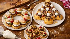 Tre dolci di Natale con Nutella: ghirlanda di bignè, alberello soffice e tartellette