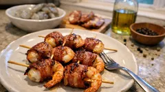 Gamberi avvolti nella pancetta al forno: spiedini pronti in 15 minuti