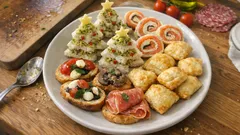 Antipasti delle feste: vassoio misto con tramezzini, rotolini e rustici di sfoglia