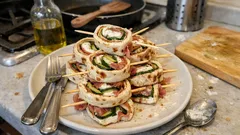 Spiedini di piadina: rotolini con stracchino, zucchine grigliate e speck