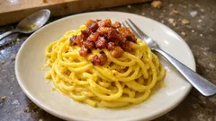 Finta carbonara: spaghetti cremosi con guanciale e zafferano (senza uova)