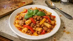 Pasta con peperoni e salsiccia: il primo saporito pronto in poco tempo