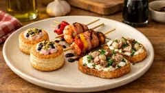 Tris di finger food natalizi: vol-au-vent, spiedini di gamberi e crostini